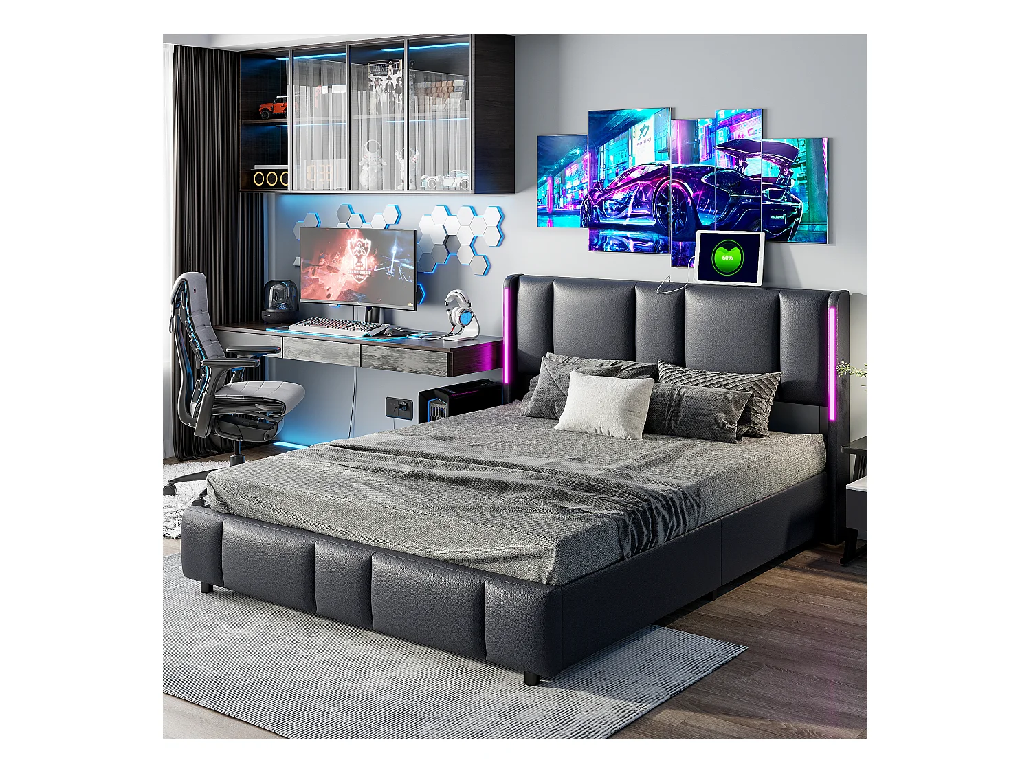 Lit Capitonné 160 X 200 Cm, Avec LED Et USB De Type C, Lit Double Avec Sommier à Lattes, Pu, Noir