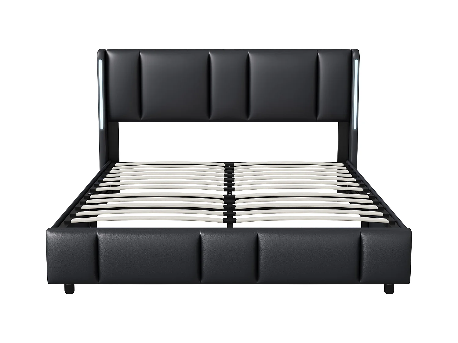 Lit Capitonné 160 X 200 Cm, Avec LED Et USB De Type C, Lit Double Avec Sommier à Lattes, Pu, Noir