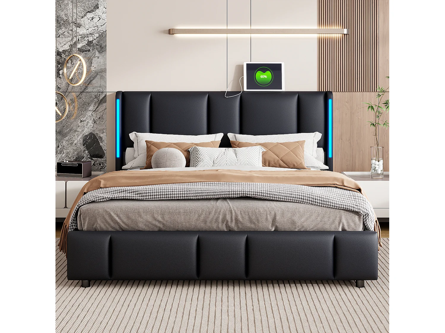 Gestoffeerd bed 160 x 200 cm, met LED en USB type C, tweepersoonsbed met lattenbodem, PU, zwart