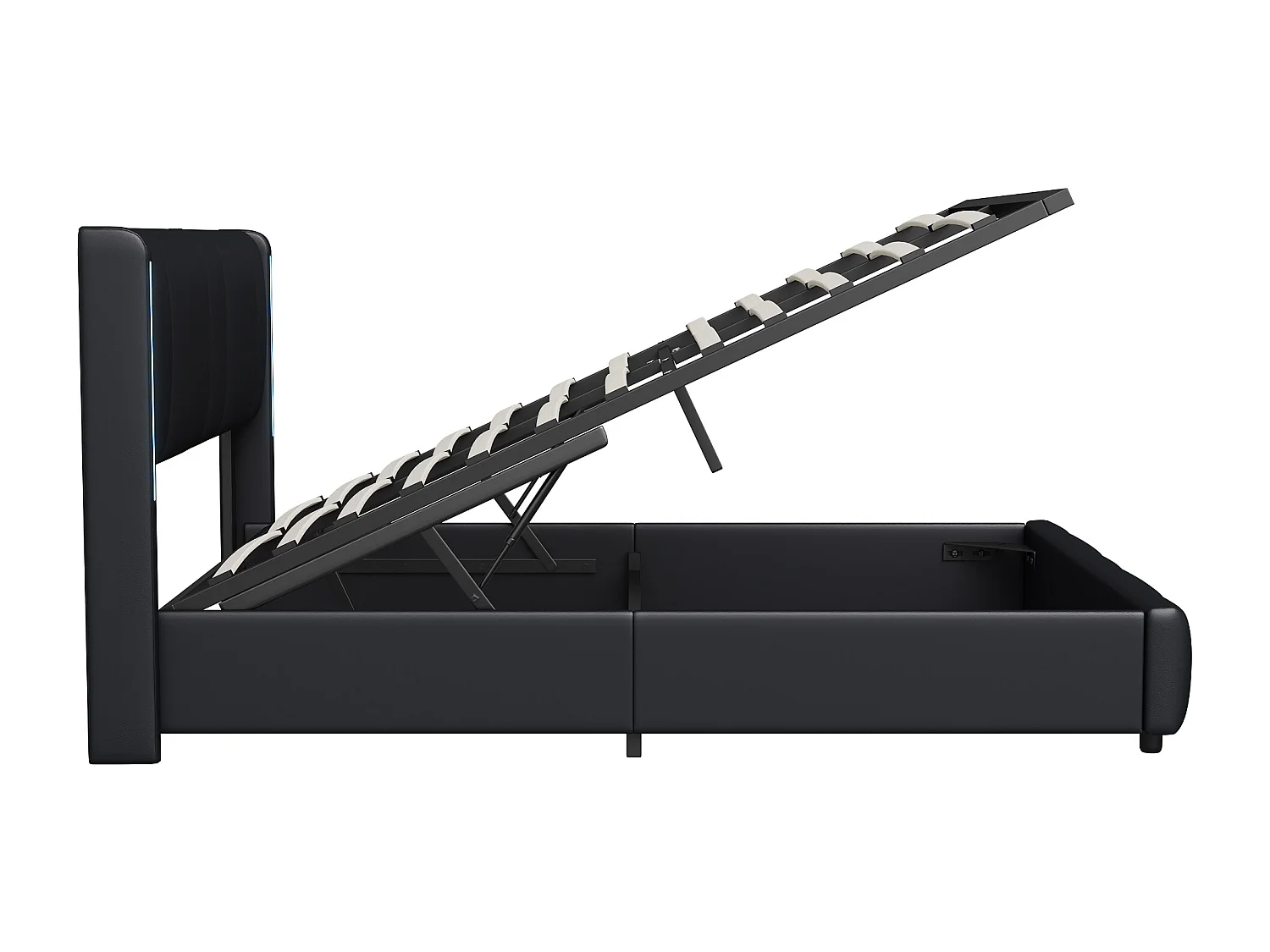 Gestoffeerd bed 160 x 200 cm, met LED en USB type C, tweepersoonsbed met lattenbodem, PU, zwart