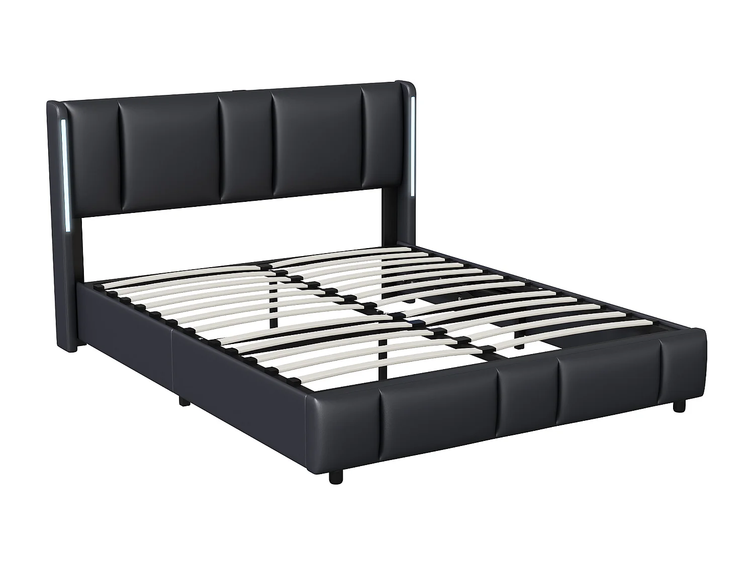 Gestoffeerd bed 160 x 200 cm, met LED en USB type C, tweepersoonsbed met lattenbodem, PU, zwart