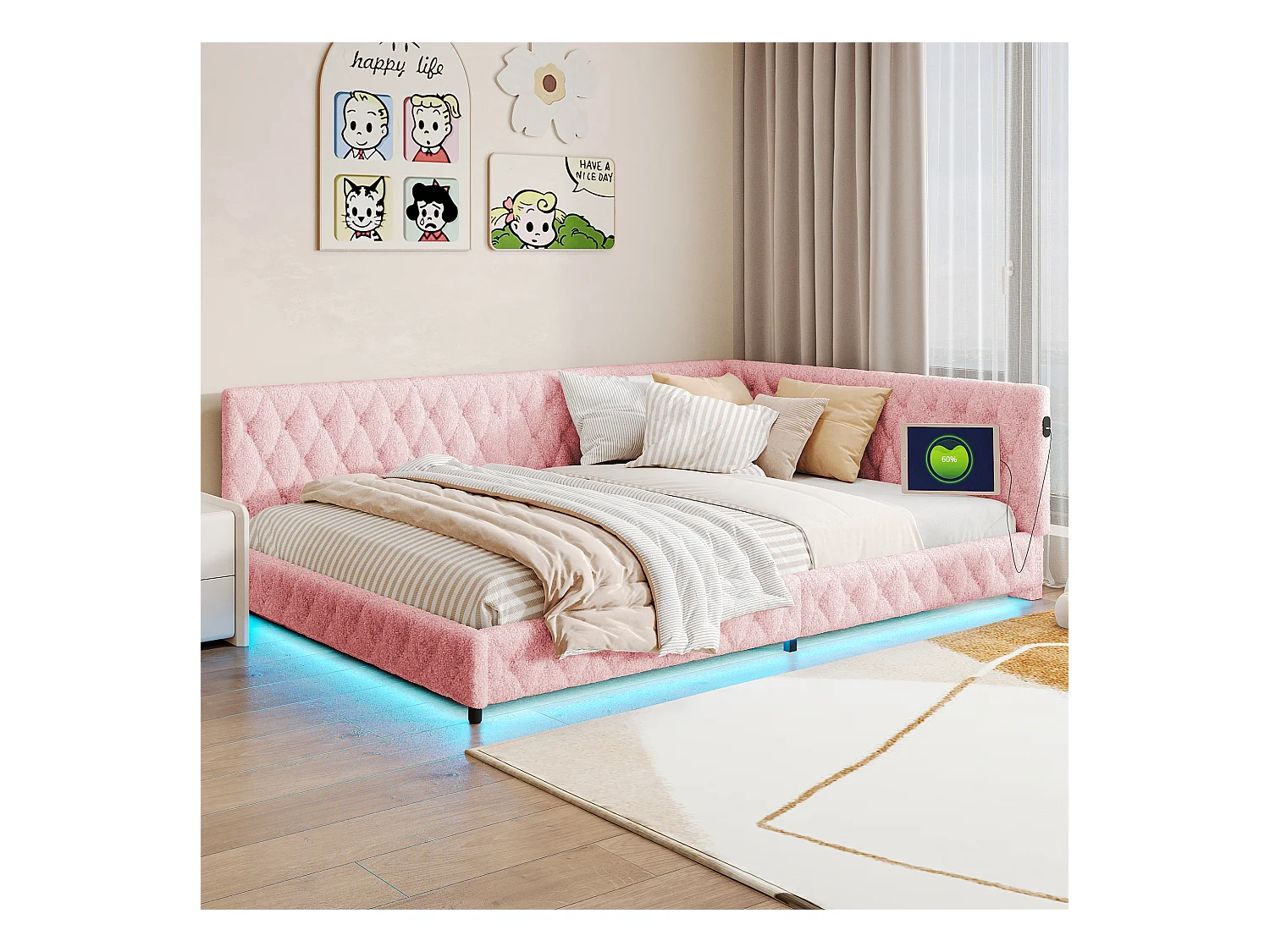 Lit 140x200cm, Lit Double Avec LED, Port USB, Type-c, Tissu En Peluche, Canapé-lit, Rose