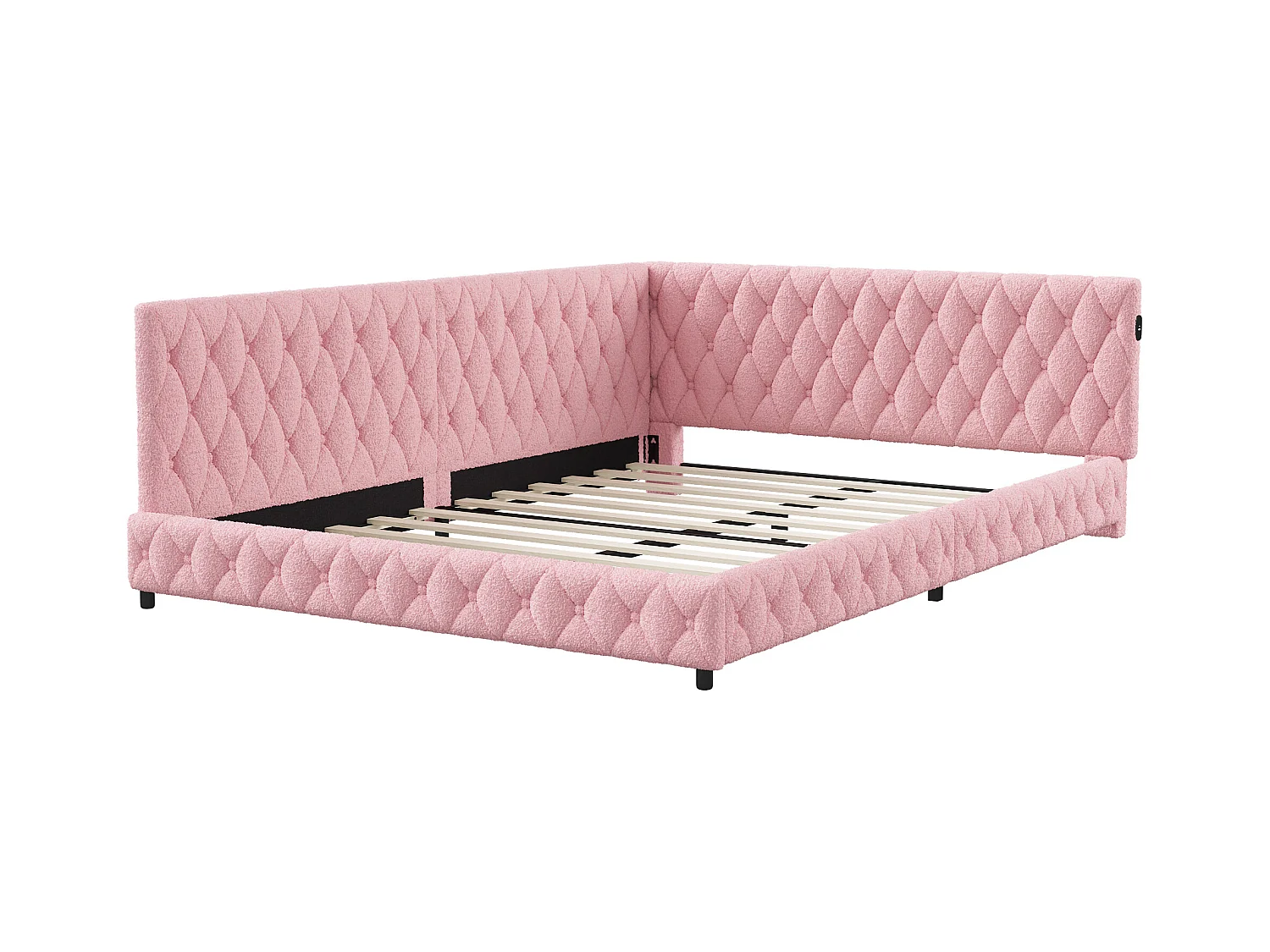 Lit 140x200cm, Lit Double Avec LED, Port USB, Type-c, Tissu En Peluche, Canapé-lit, Rose