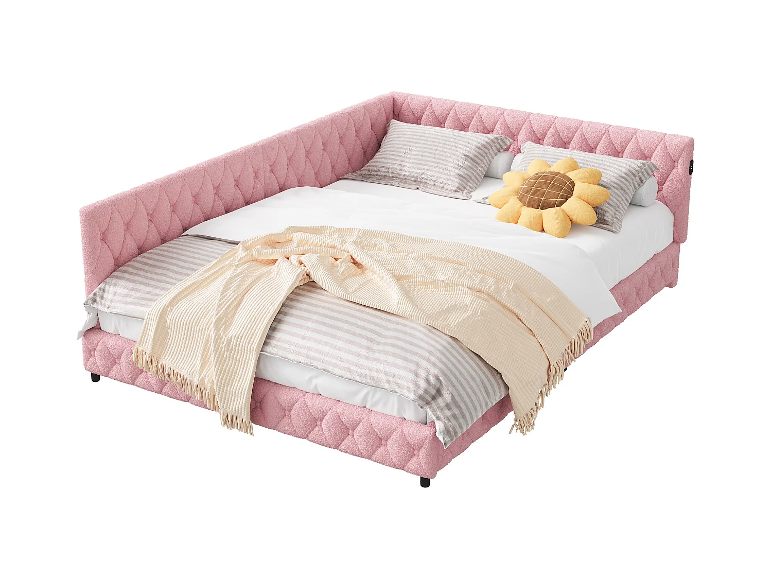 Lit 140x200cm, Lit Double Avec LED, Port USB, Type-c, Tissu En Peluche, Canapé-lit, Rose