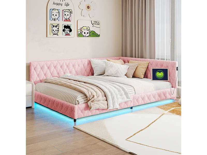 Cama 140x200cm, Cama de Casal com LED, Porta USB, Tipo C, Tecido Plush, Sofá-Cama, Rosa