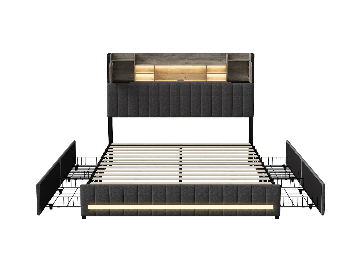 Lit 140 X 190 Cm Avec Tête De Lit LED Et USB, 4 Tiroirs De Rangement, Sommier à Lattes, Lin, Gris