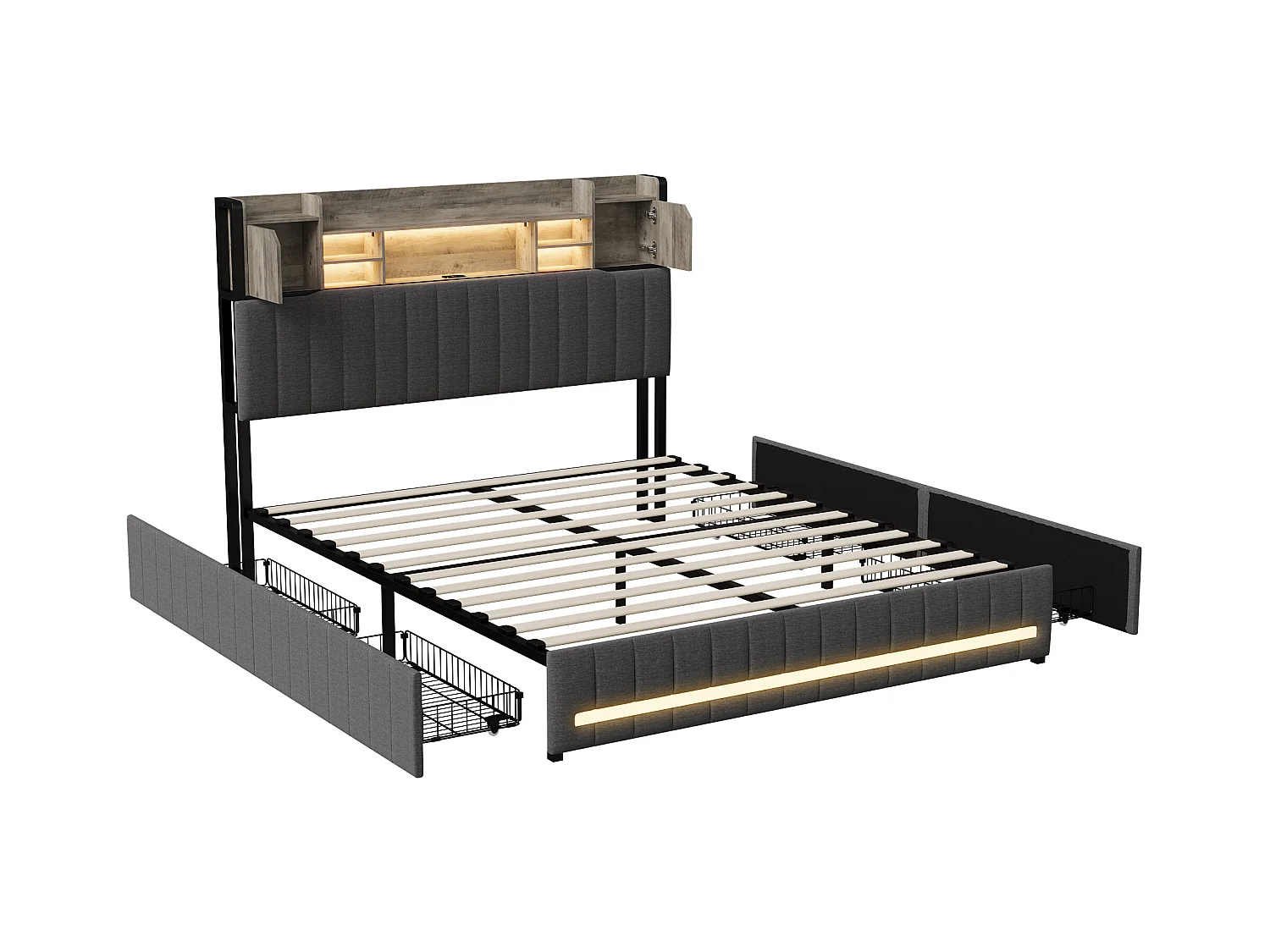 Lit 140 X 190 Cm Avec Tête De Lit LED Et USB, 4 Tiroirs De Rangement, Sommier à Lattes, Lin, Gris