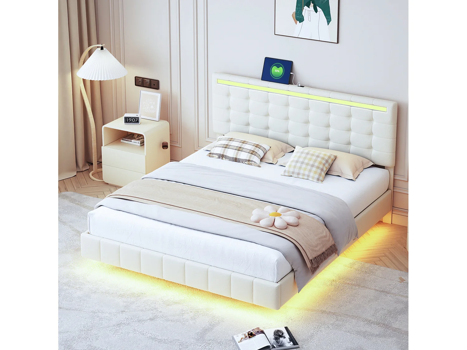 Tweepersoonsbed 160 x 200 cm, gestoffeerd zwevend bedframe, met led-verlichting, linnen, beige