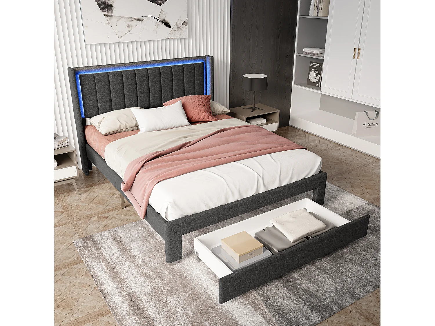 Bed 160x200 cm met lattenbodem en lade, gewatteerd bed met USB en LED, grijs