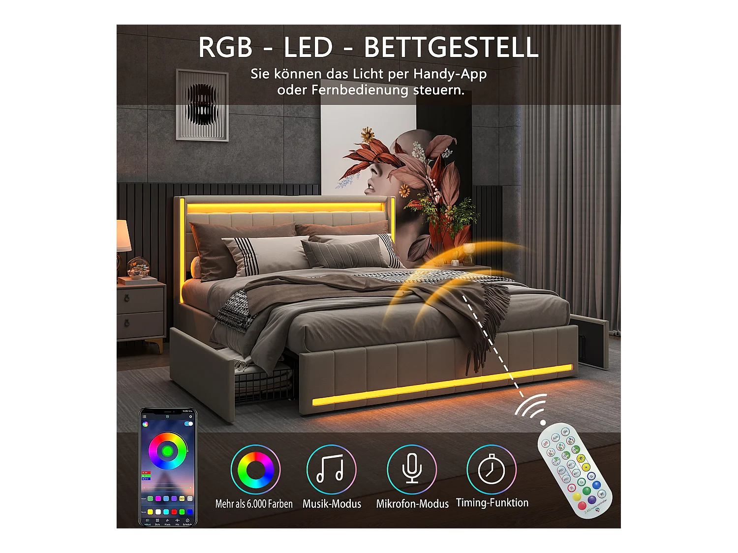 Cama 140x190 com base LED e USB, cama de casal com 4 gavetas, bege