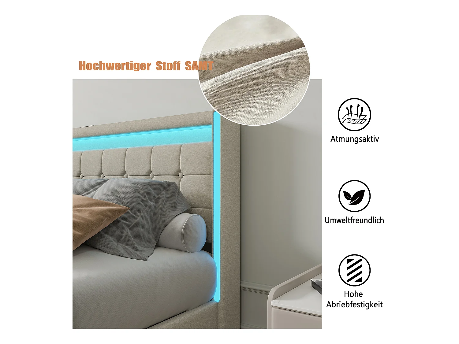 Cama 140x190 com base LED e USB, cama de casal com 4 gavetas, bege