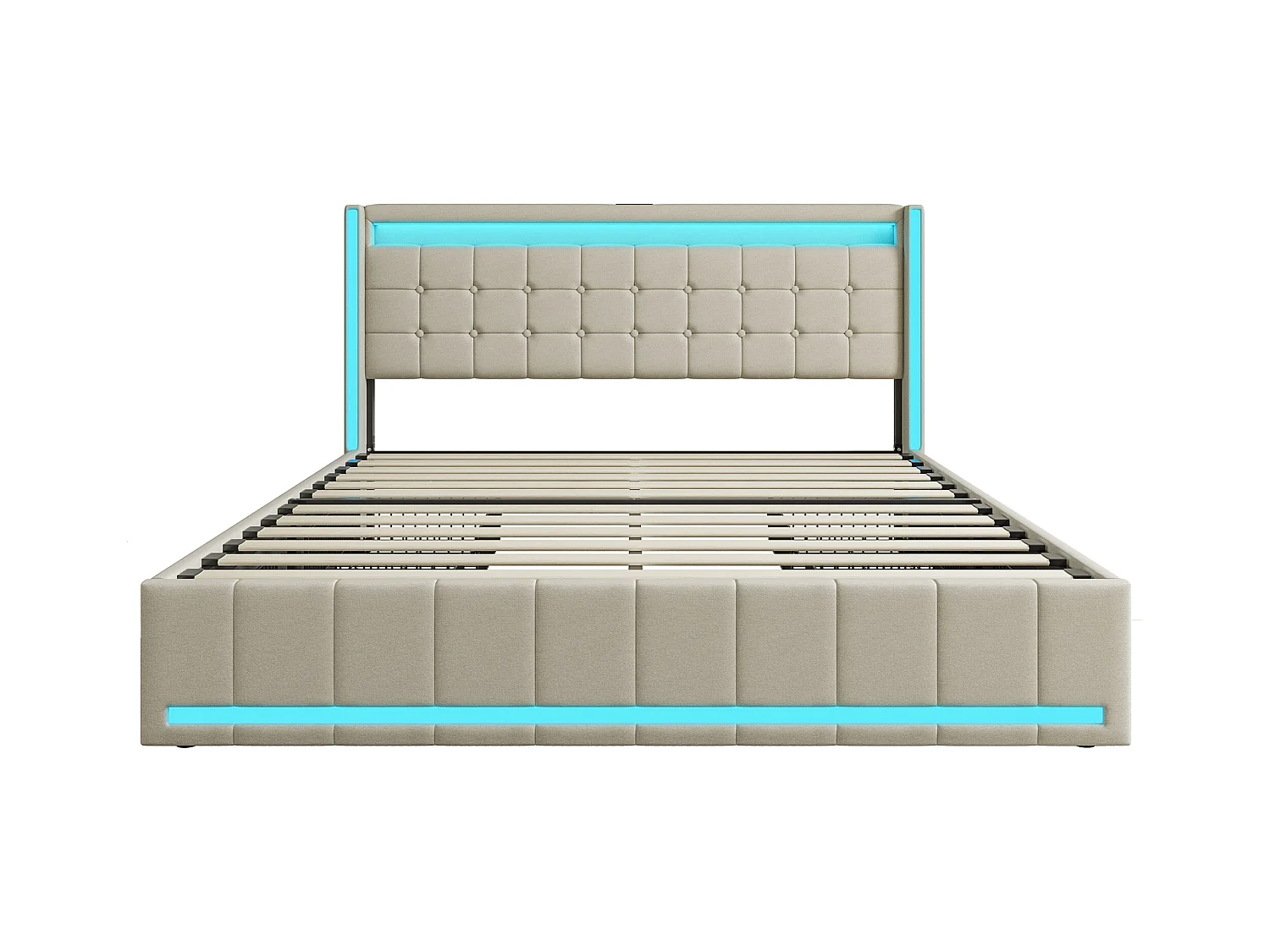 Cama 140x190 com base LED e USB, cama de casal com 4 gavetas, bege