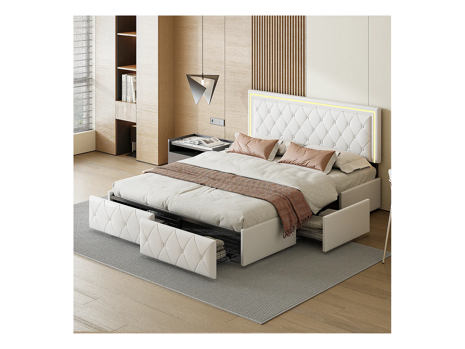 160x200cm Bett mit LED-Hebekopfteil, Polsterbett mit 4 Schubladen und Bettkasten, Weiß