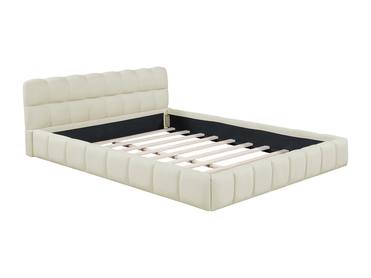 Lit Adulte 140x200cm En Lin Avec Dossier Moelleux, Lit Plat Avec Sommier à Lattes, Beige