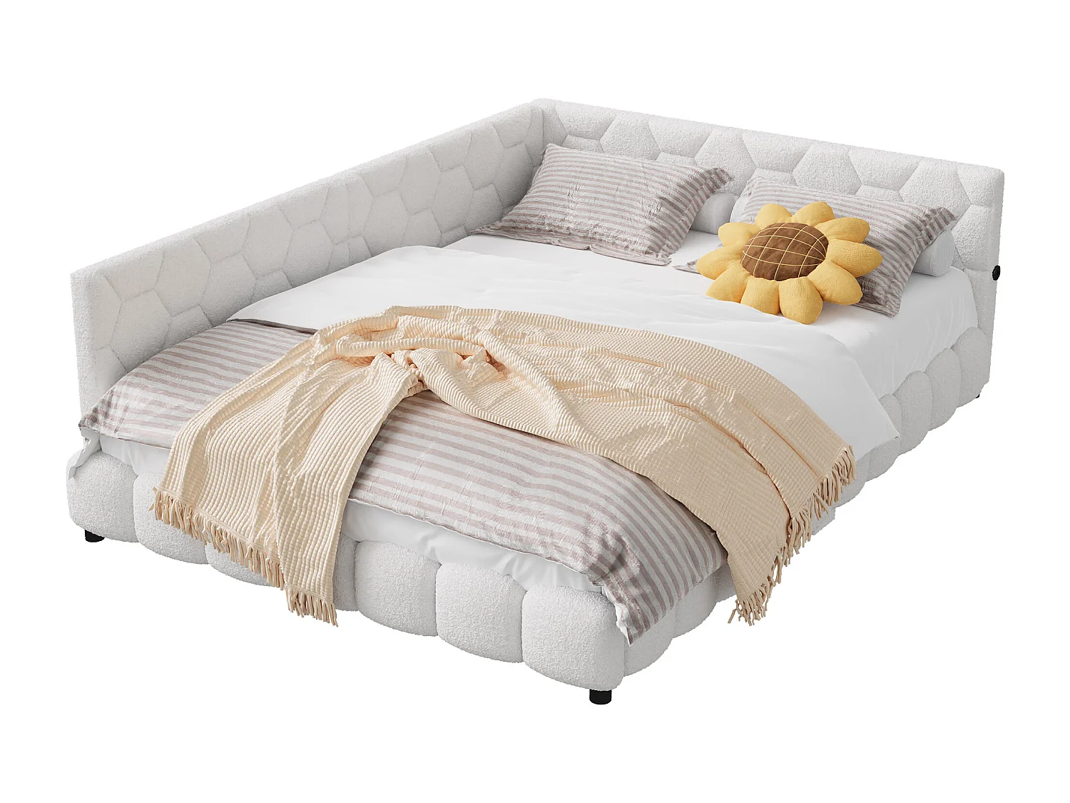 Bett 140x200cm, Doppelbett mit LED, USB-Anschluss, Plüschstoffmaterial, Schlafsofa, Beige