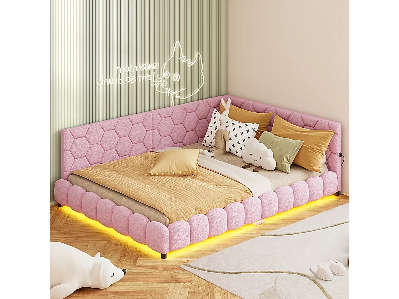 Lit 140x200cm, Lit Double Avec LED, Port USB, Matériau Tissu En Peluche, Canapé-lit, Rose