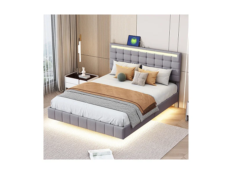 Polsterbett Doppelbett 140x200 cm, Schwebebettgestell, gepolstert, mit LED, Leinen, Grau