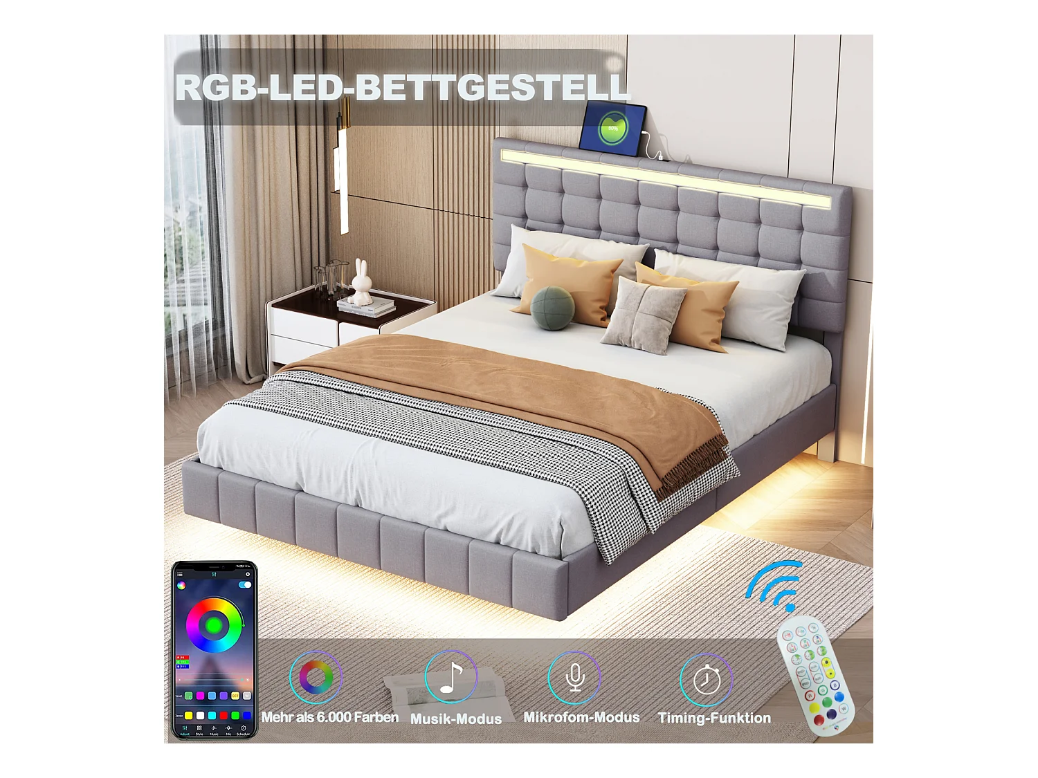 Gestoffeerd tweepersoonsbed 140 x 200 cm, zwevend bedframe, gewatteerd, met LED, linnen, grijs