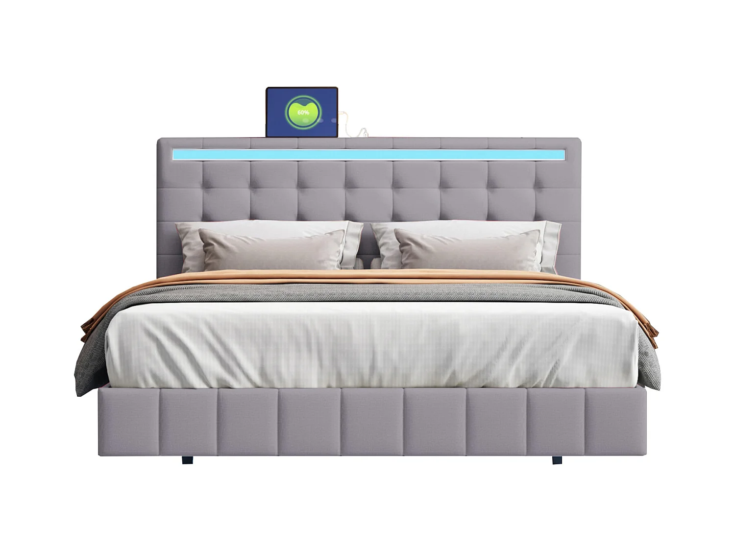Gestoffeerd tweepersoonsbed 140 x 200 cm, zwevend bedframe, gewatteerd, met LED, linnen, grijs