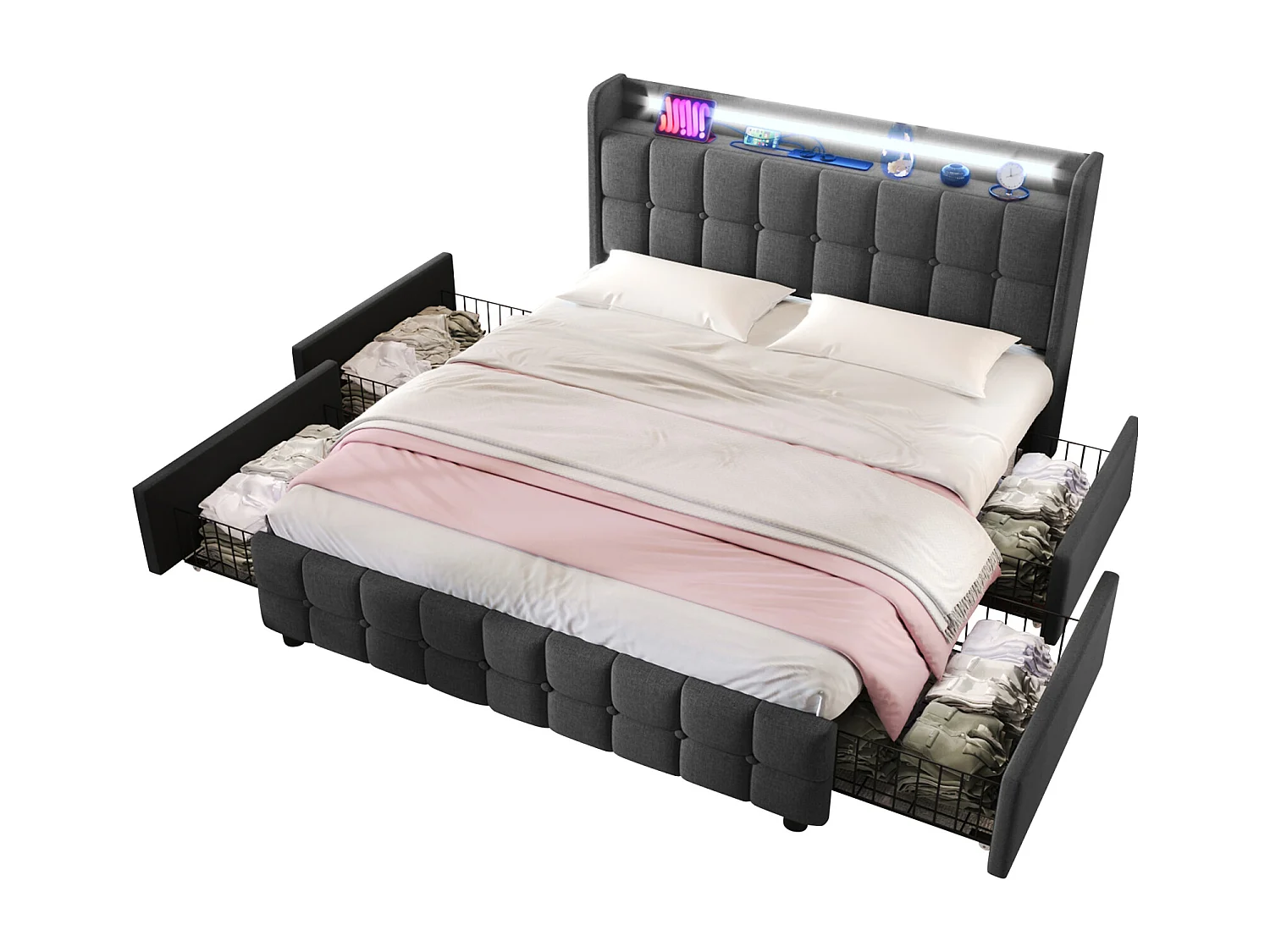 Lit Double 160x200 Cm Rembourré, Tête LED, 4 Tiroirs, USB, Lin Gris, Sans Matelas
