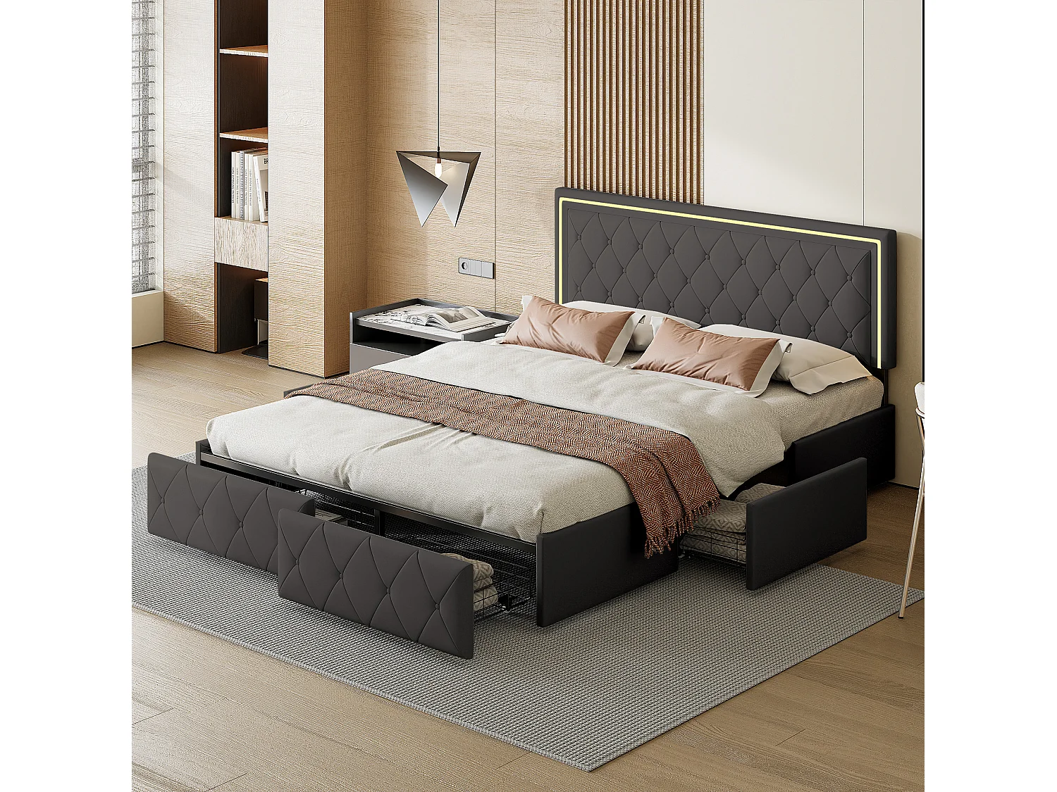 Cama 160x200 cm com cabeceira elevatória LED, cama estofada com 4 gavetas e armário para cama, cinza