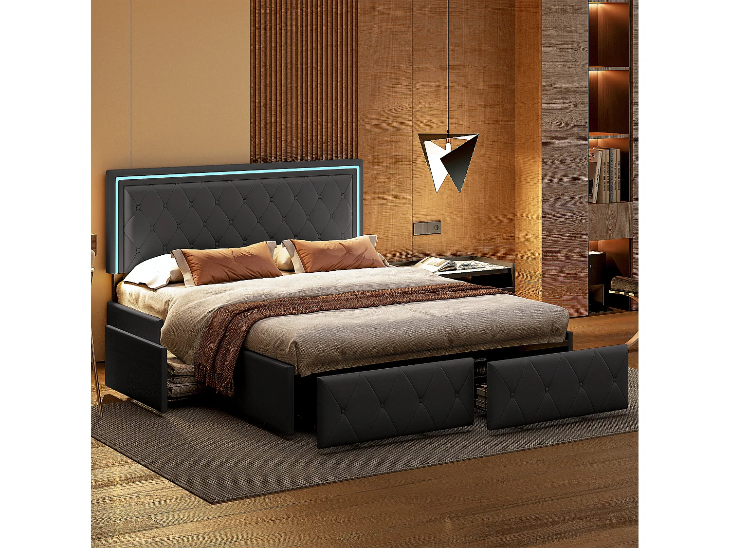 Cama 160x200 cm com cabeceira elevatória LED, cama estofada com 4 gavetas e armário para cama, cinza