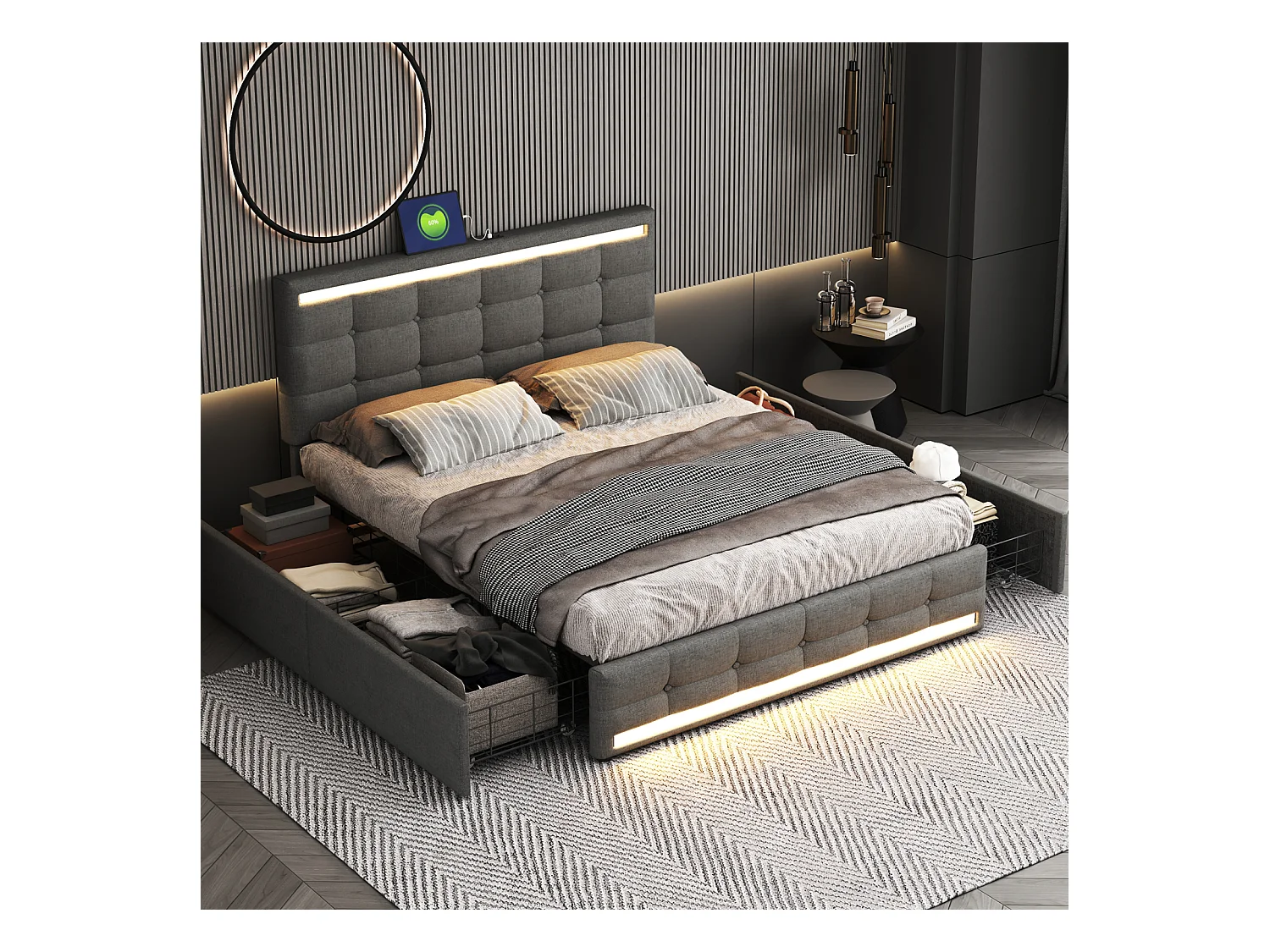 Doppelbett 140x200 cm, LED, 4 Schubladen, Kopfteil mit USB, grauer Leinenstoff