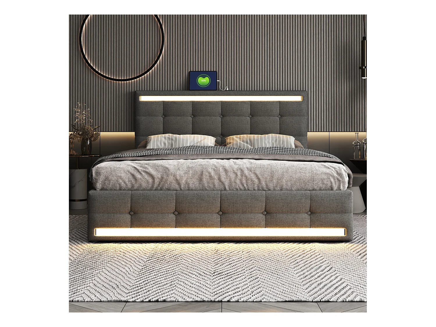 Doppelbett 140x200 cm, LED, 4 Schubladen, Kopfteil mit USB, grauer Leinenstoff