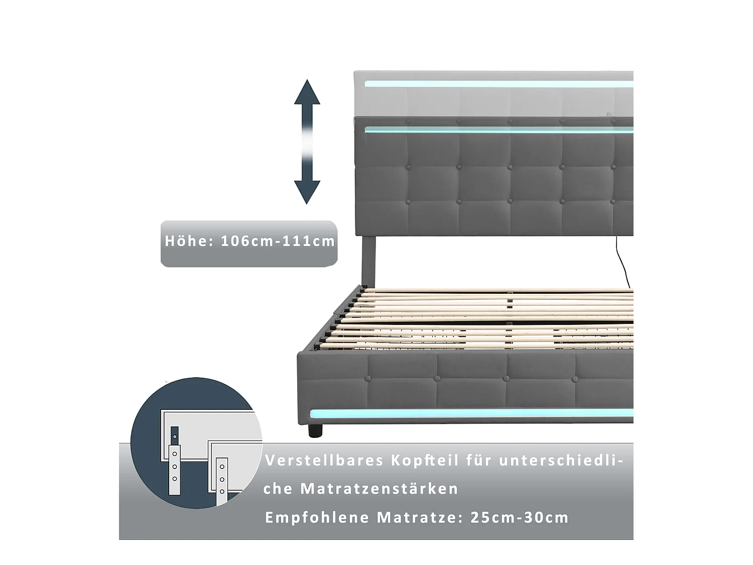 Doppelbett 140x200 cm, LED, 4 Schubladen, Kopfteil mit USB, grauer Leinenstoff