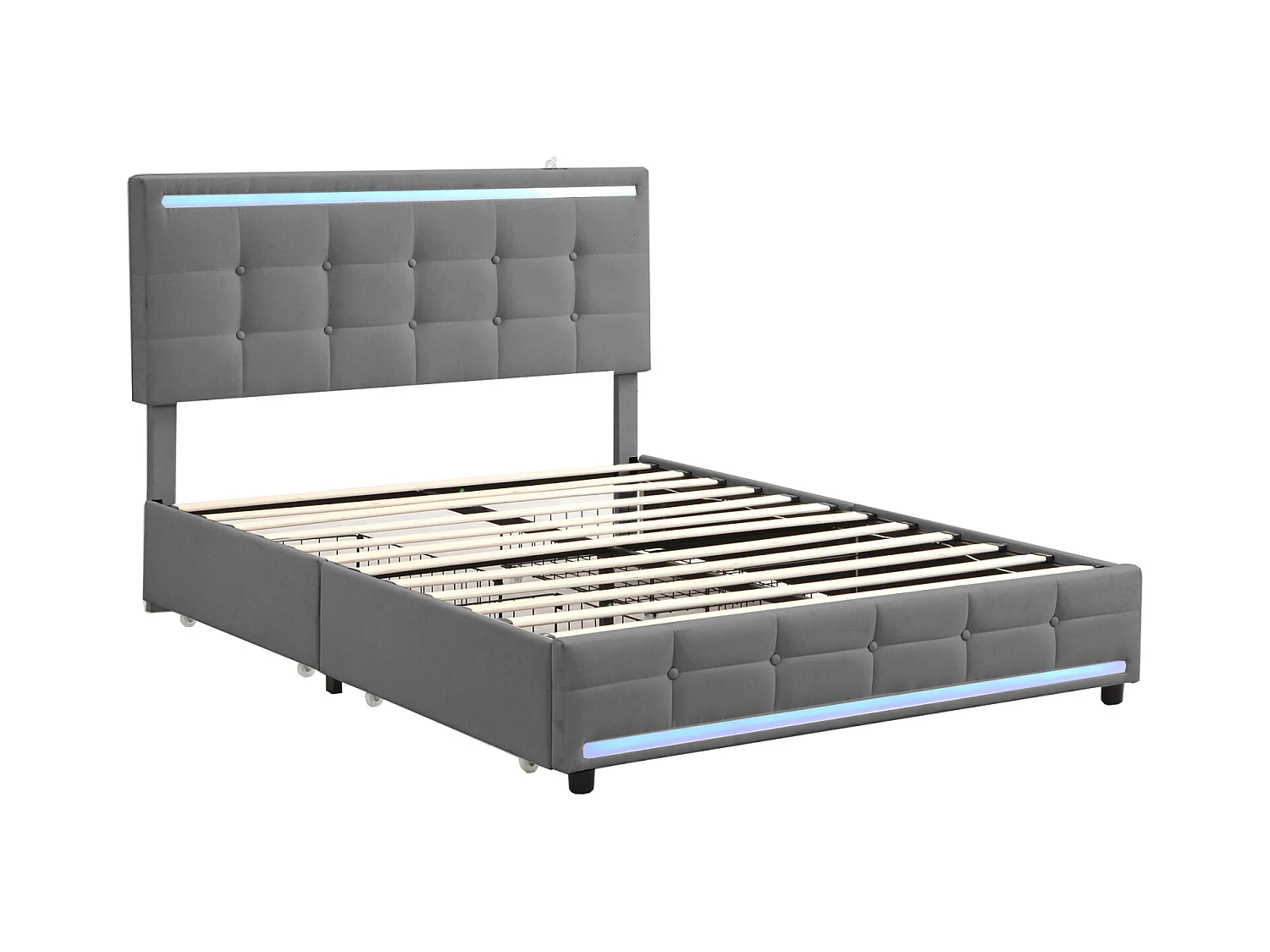 Doppelbett 140x200 cm, LED, 4 Schubladen, Kopfteil mit USB, grauer Leinenstoff