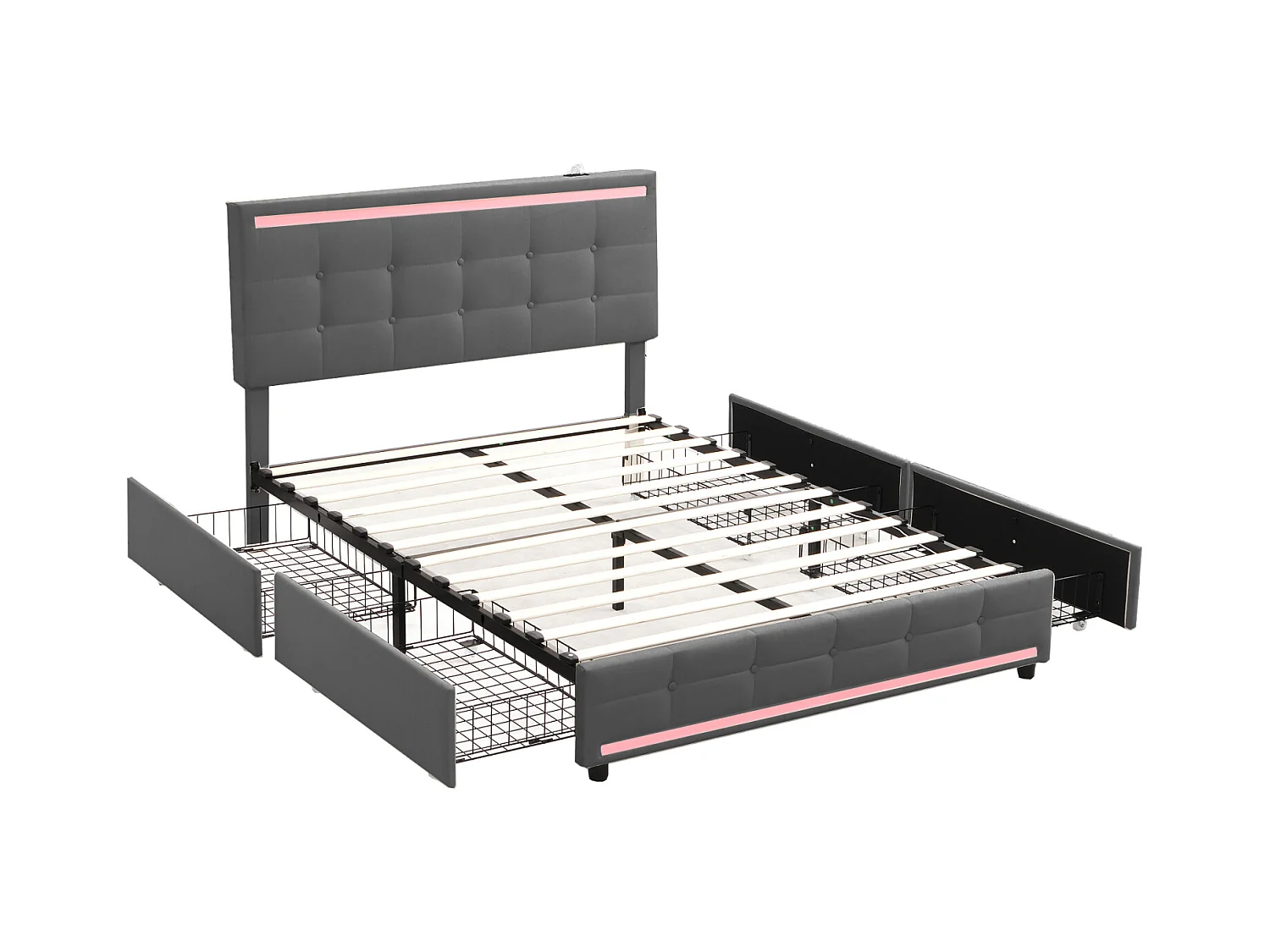 Doppelbett 140x200 cm, LED, 4 Schubladen, Kopfteil mit USB, grauer Leinenstoff