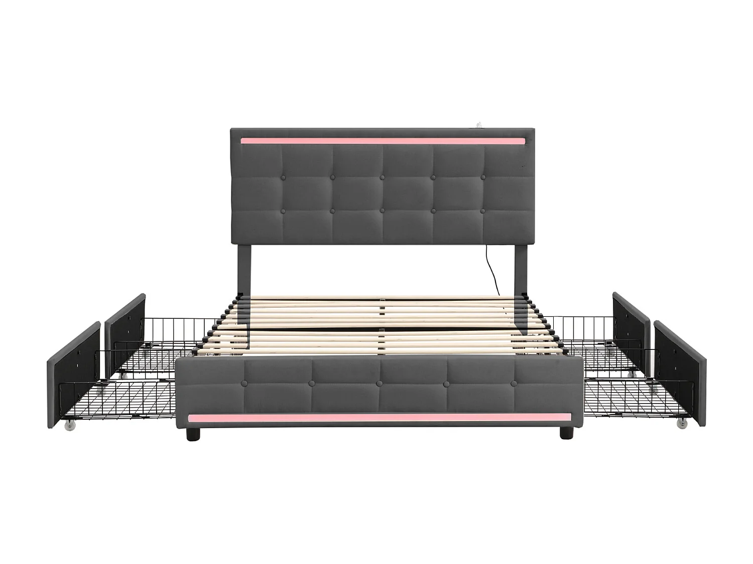 Doppelbett 140x200 cm, LED, 4 Schubladen, Kopfteil mit USB, grauer Leinenstoff