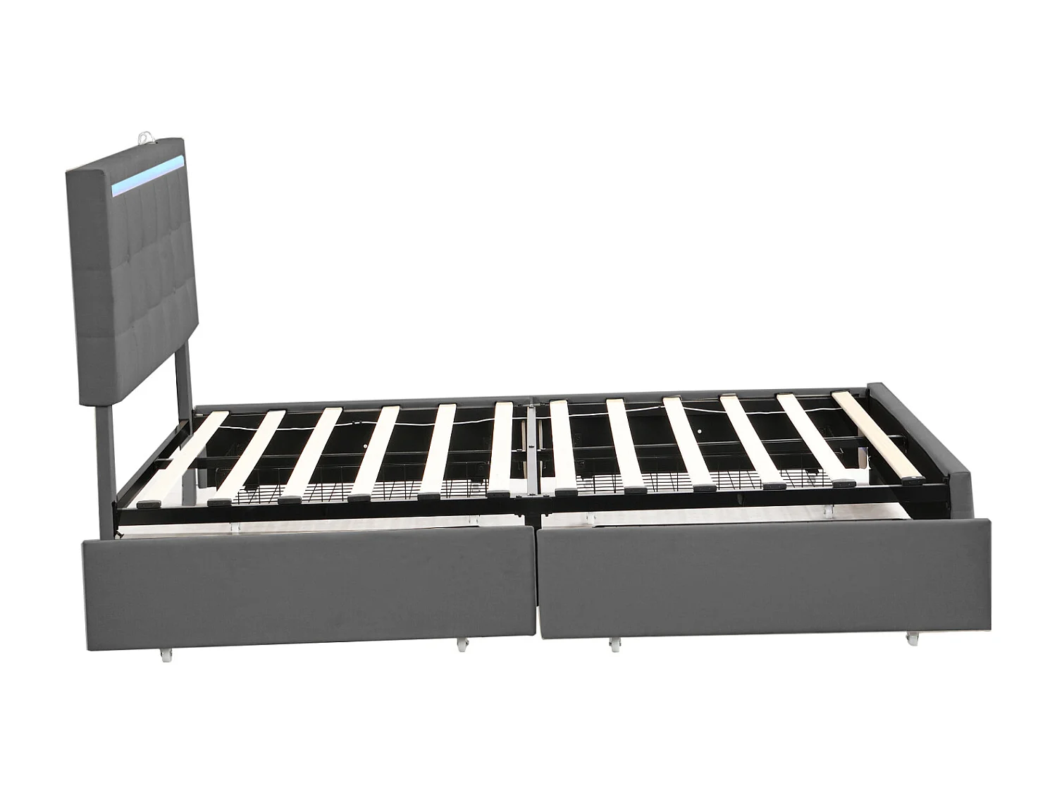 Doppelbett 140x200 cm, LED, 4 Schubladen, Kopfteil mit USB, grauer Leinenstoff