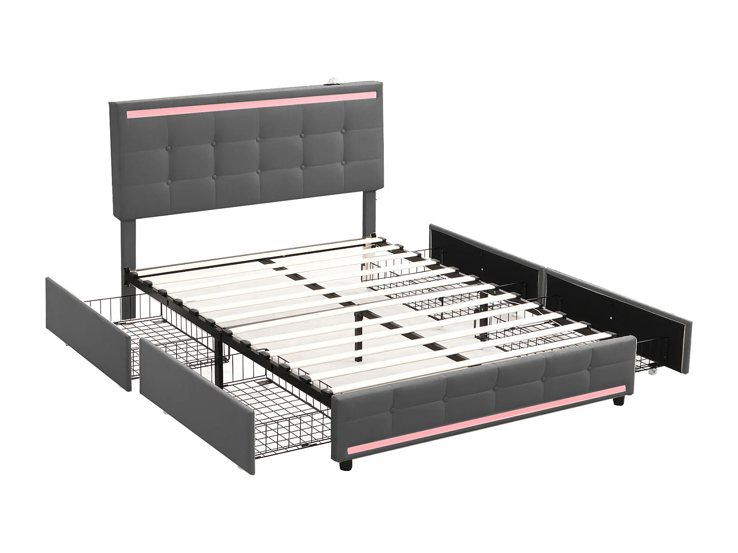 Doppelbett 140x200 cm, LED, 4 Schubladen, Kopfteil mit USB, grauer Leinenstoff