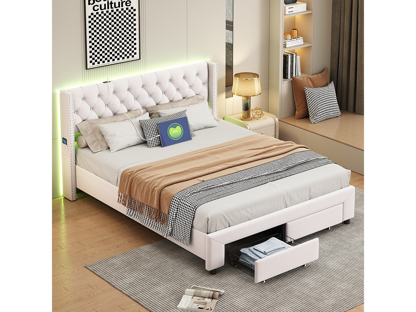 Bed 140x190cm met opbergruimte en LED, lattenbodem, gestoffeerd