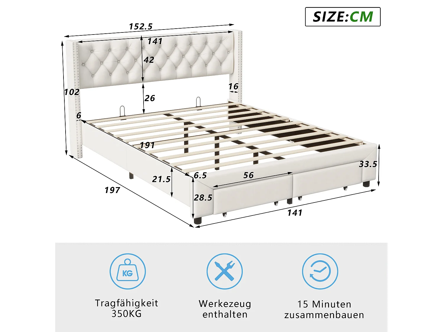 140x190cm Bett mit Stauraum und LED, Lattenrost, gepolstertes Doppelbett mit USB, Samt, Beige