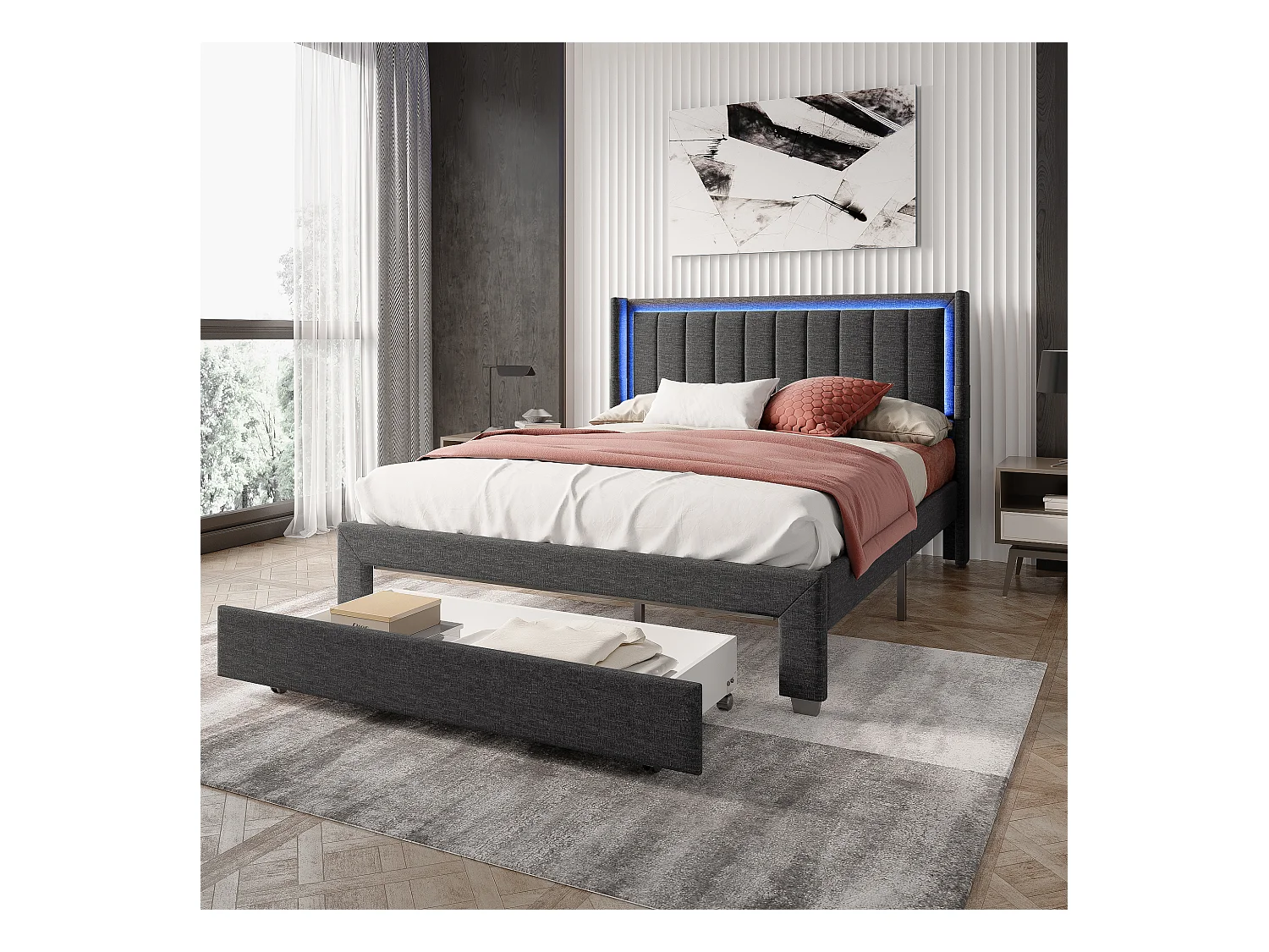 Lit 140x200 Cm Avec Sommier à Lattes Et Tiroir, Lit Rembourré Avec USB Et LED, Gris