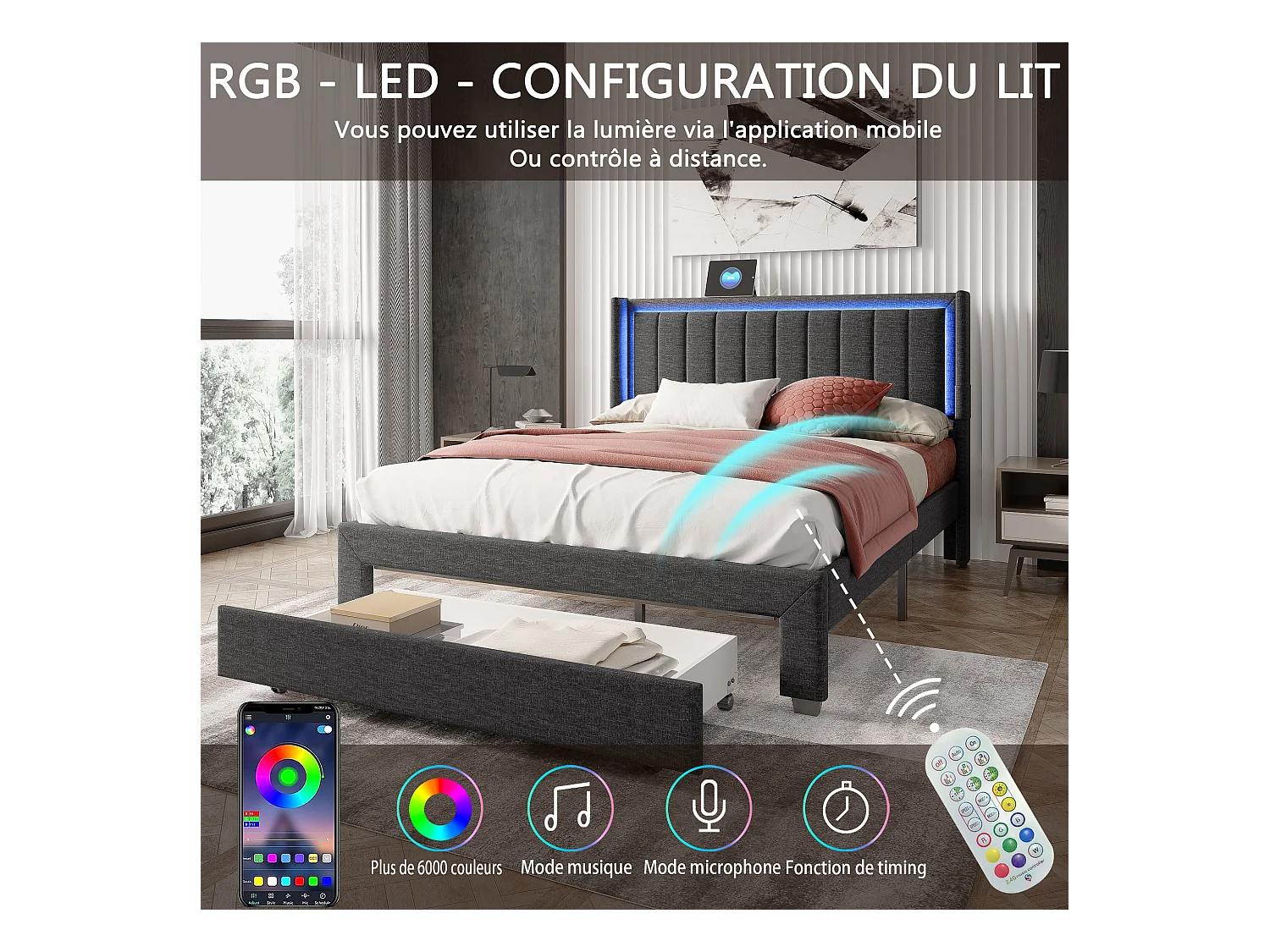 Lit 140x200 Cm Avec Sommier à Lattes Et Tiroir, Lit Rembourré Avec USB Et LED, Gris