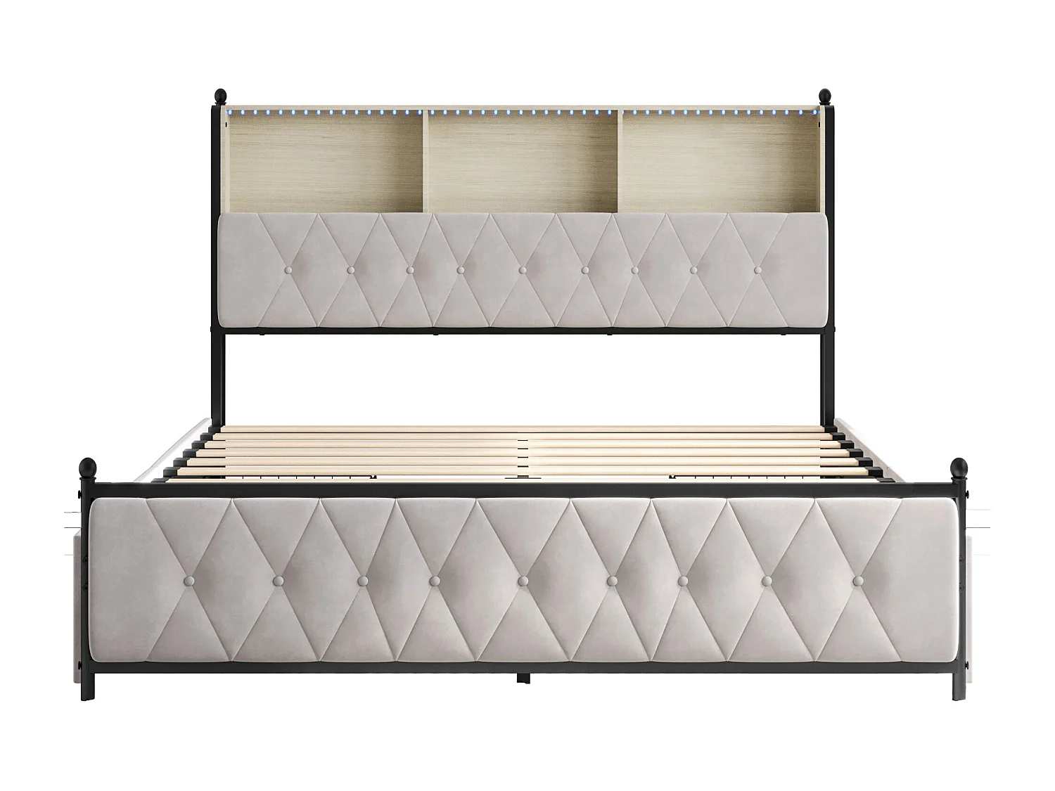 Lit Adulte Rembourré Avec LED Et USB, 4 Tiroirs, Sommier à Lattes, Velours, 140x200cm, Beige
