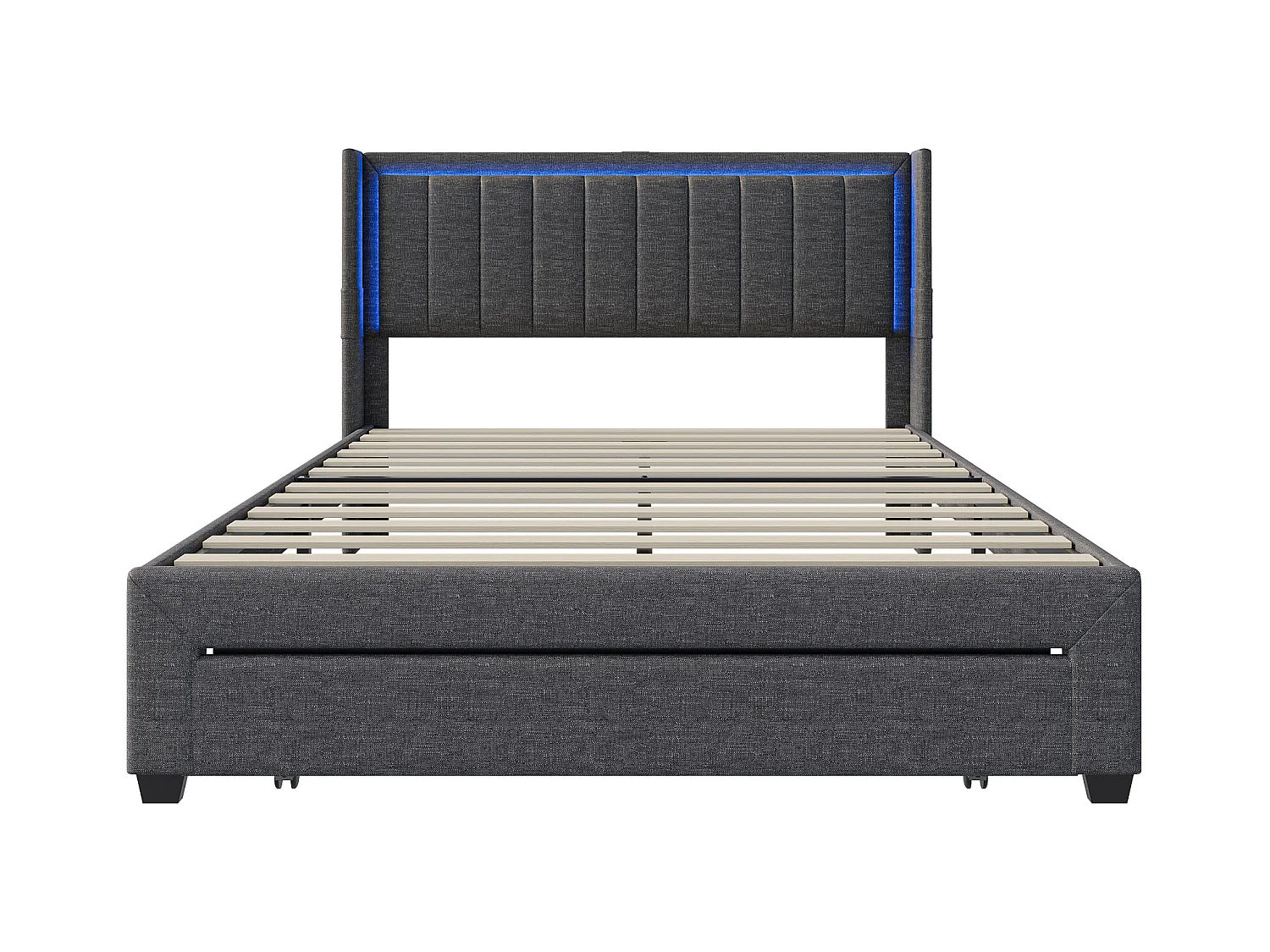 Bed 180x200 cm met lattenbodem en lade, gewatteerd bed met USB en LED, grijs