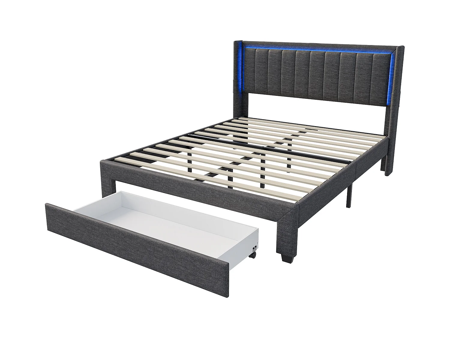 Bed 180x200 cm met lattenbodem en lade, gewatteerd bed met USB en LED, grijs