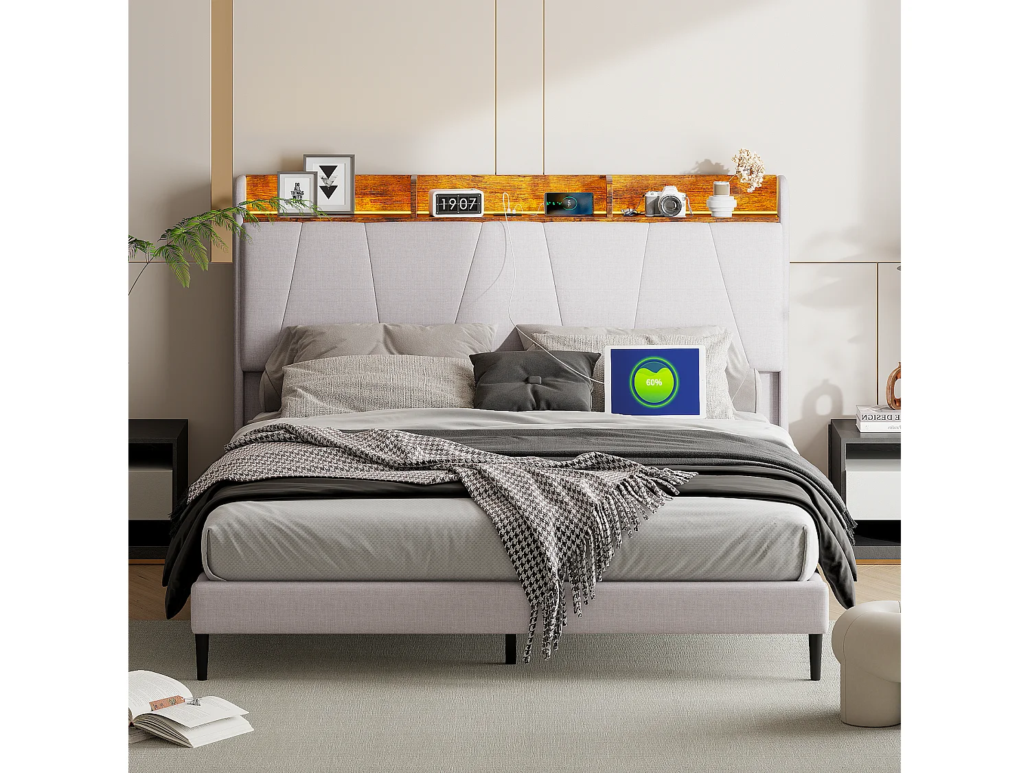 Cama 140x200cm com 2 USB e 1 Tipo-C e LED, Cama Estofada, Linho, Bege