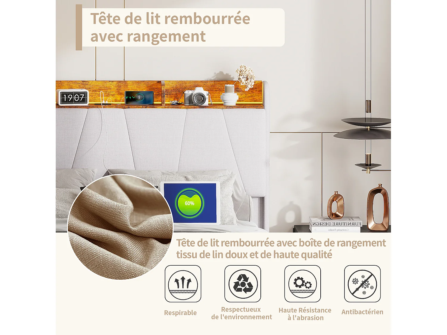 Cama 140x200cm com 2 USB e 1 Tipo-C e LED, Cama Estofada, Linho, Bege