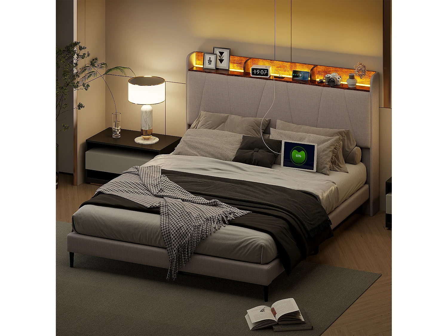 Cama 140x200cm com 2 USB e 1 Tipo-C e LED, Cama Estofada, Linho, Bege