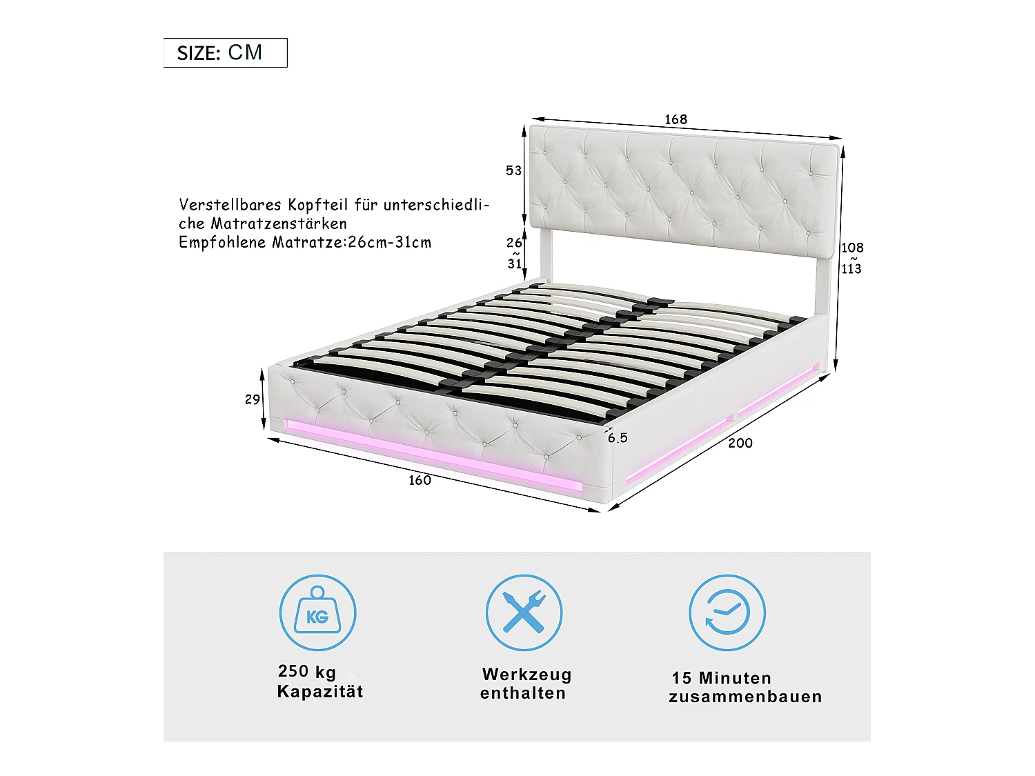 160x200cm Bett, Stauraum, Lattenrost, LED-Beleuchtung und hochklappbares Kopfteil, Beige