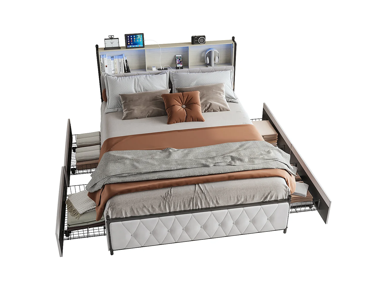 Letto imbottito per adulti con LED e USB, 4 cassetti, rete a doghe, velluto, 160x200 cm, beige