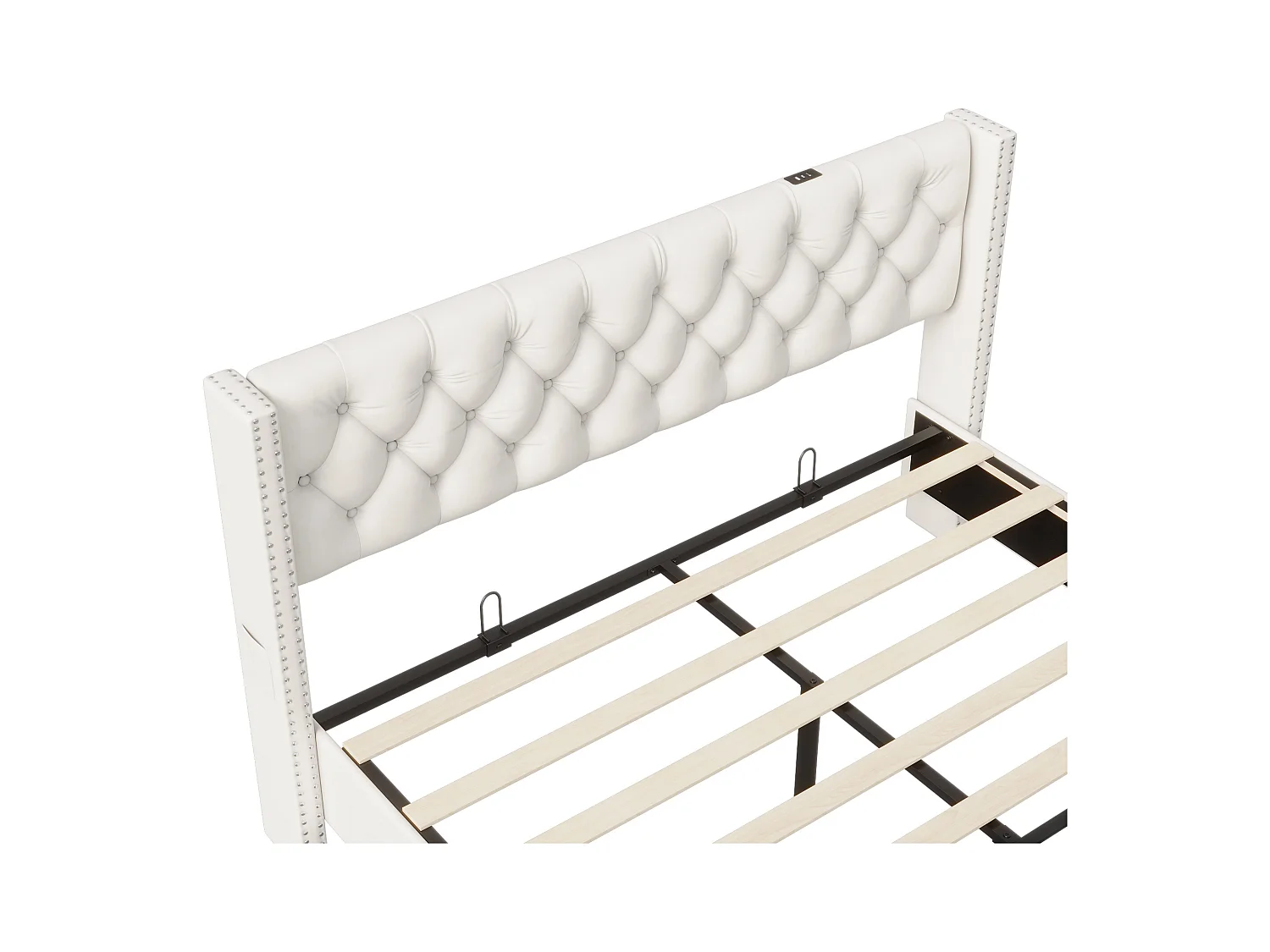 Lit 160x200cm Avec Rangement Et LED, Sommier à Lattes, Lit Double Capitonné Avec USB, Velours, Beige