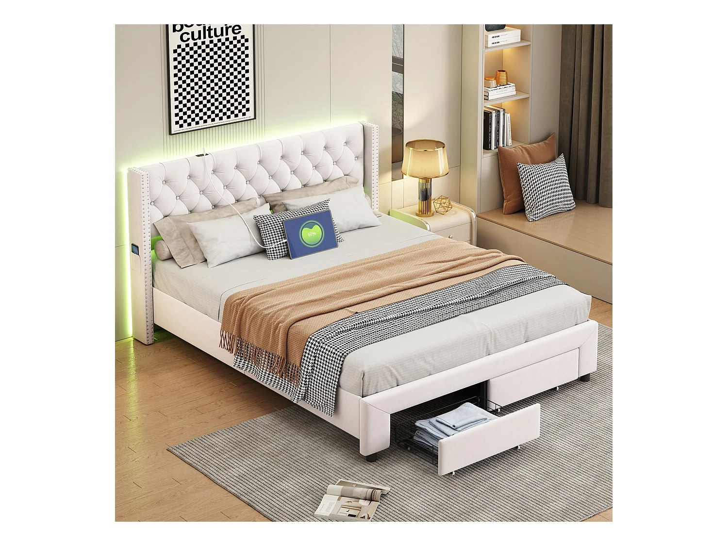 Lit 160x200cm Avec Rangement Et LED, Sommier à Lattes, Lit Double Capitonné Avec USB, Velours, Beige