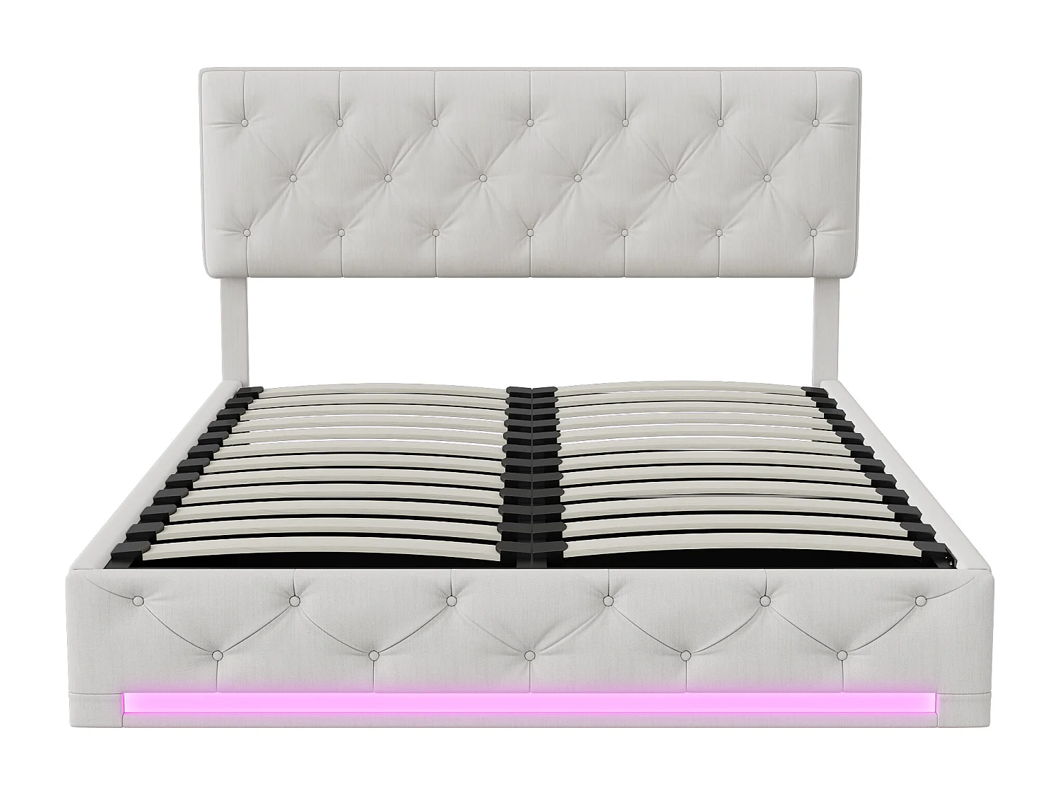 Lit 140x200cm, Espace De Rangement, Sommier à Lattes, Eéclairage LED Et Tête De Lit Relevable, Beige