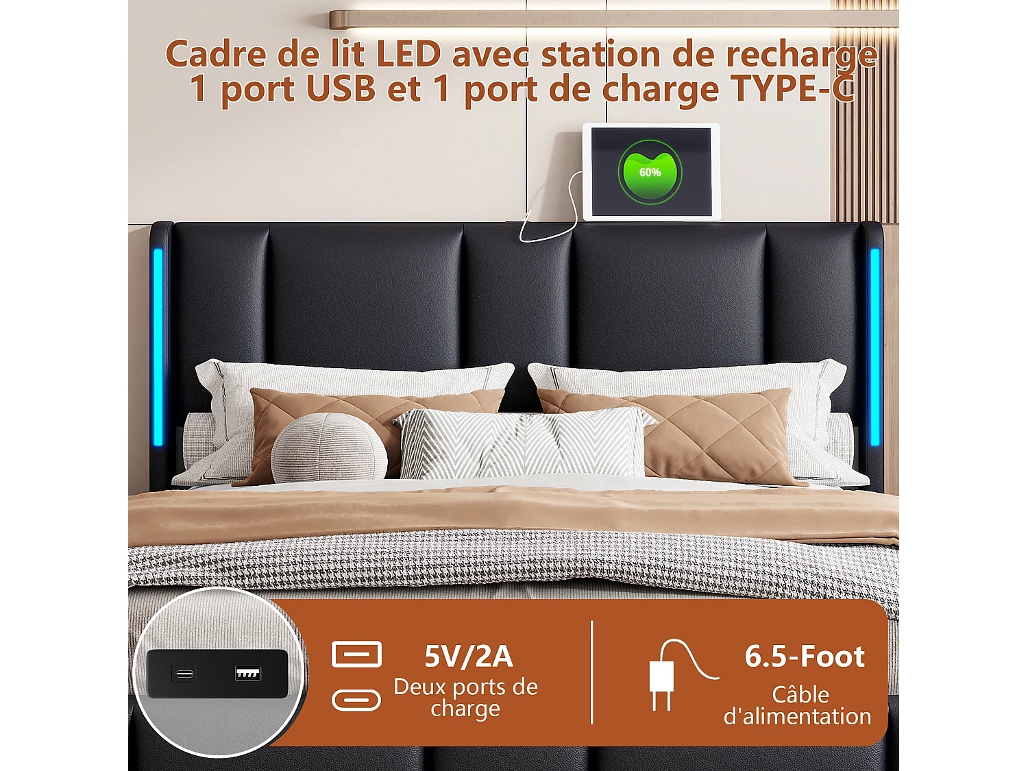 Lit Capitonné 140 X 200 Cm, Avec LED Et USB De Type C, Lit Double Avec Sommier à Lattes, Pu, Noir